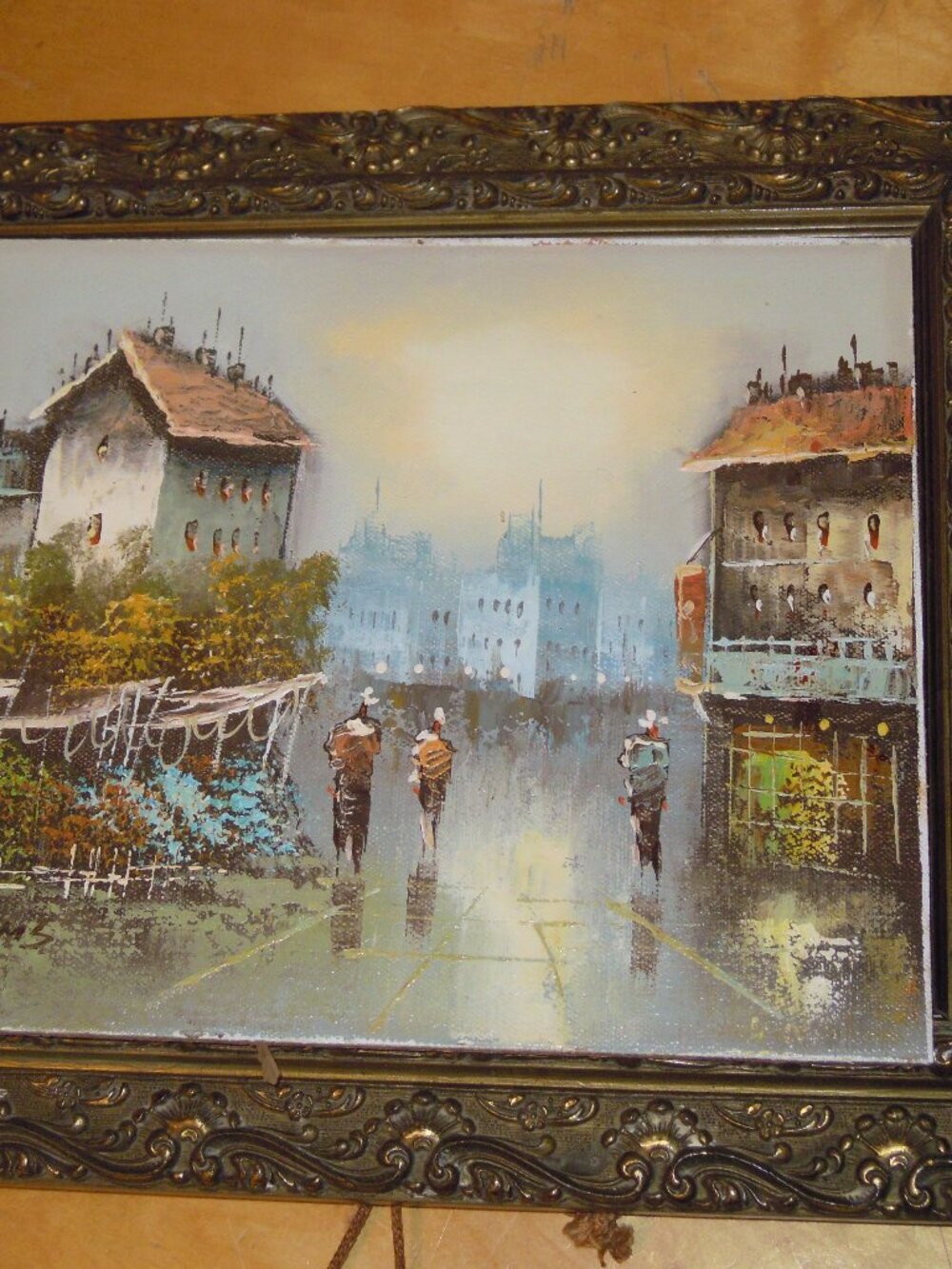Antique Carved Ornate Gesso Wood Frame Rectangle City Scape Oil Painting ADAMS